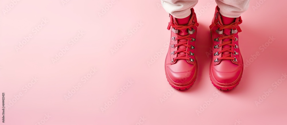 Red boots for women in the winter isolated pastel background Copy space