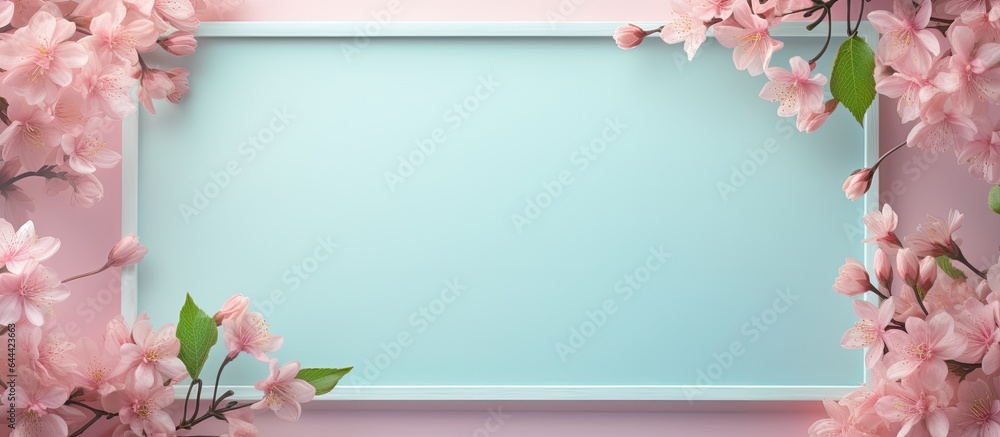 Fototapeta premium Small pink spring flowers arranged in a rectangular frame against a isolated pastel background Copy space