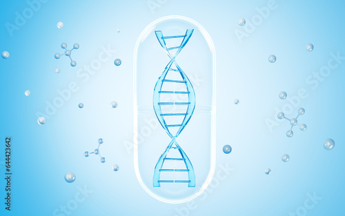 DNA and molecular structure in the blue background, 3d rendering.