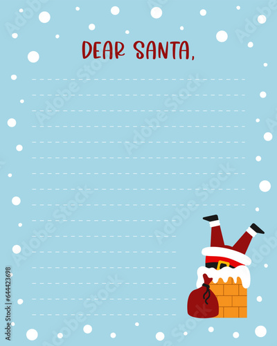Letter to Santa. Printable Christmas page decorated by Santa Claus in chimney with sack. Vector illustration. Winter holiday theme. Santa letter.