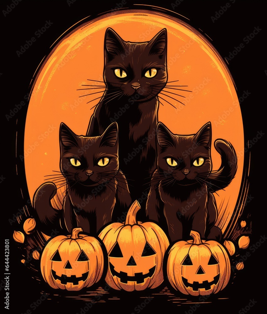 Halloween Black Cats with Pumpkins Under the Enigmatic Glow of a Full Moon Halloween Black Cats with Pumpkins Under the Enigmatic Glow of a Full Moon