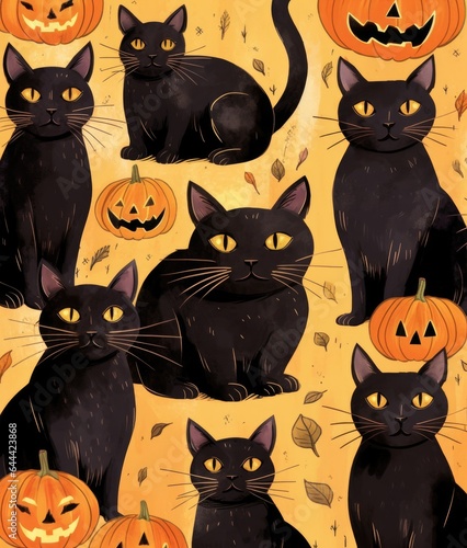 Halloween Black Cats with Pumpkins Under the Enigmatic Glow of a Full Moon