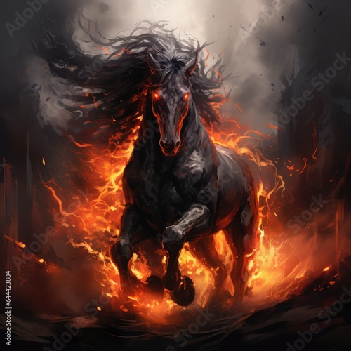 Majestic Black Horse Running Amidst a Fiery Background Dynamic Equine Motion in a Blaze of Power Illustration 