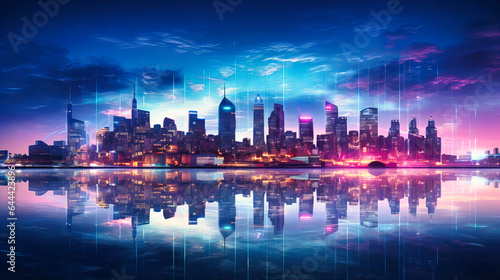 City skyline with digital data overlay
