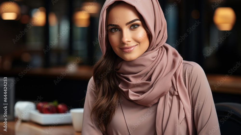 Beautiful muslim woman in hijab looking at camera while sitting in cafe. Beautiful muslim woman in hijab looking at camera while sitting in cafe.