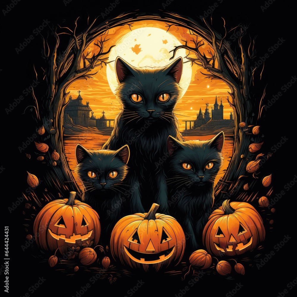 Halloween Black Cats with Pumpkins Under the Enigmatic Glow of a Full Moon Halloween Black Cats with Pumpkins Under the Enigmatic Glow of a Full Moon
