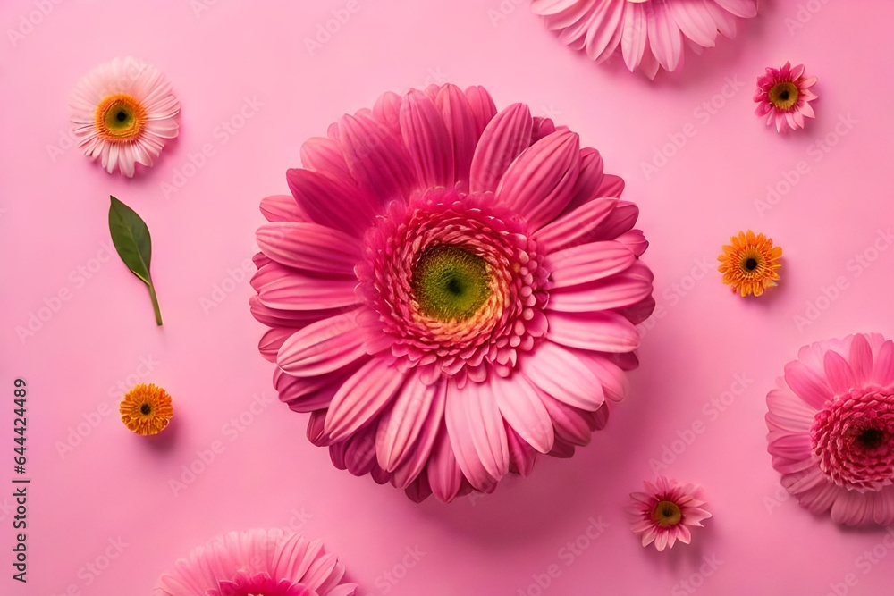 Fototapeta premium Beautiful pink gerbera flowers on pink background, top view, high quality photo