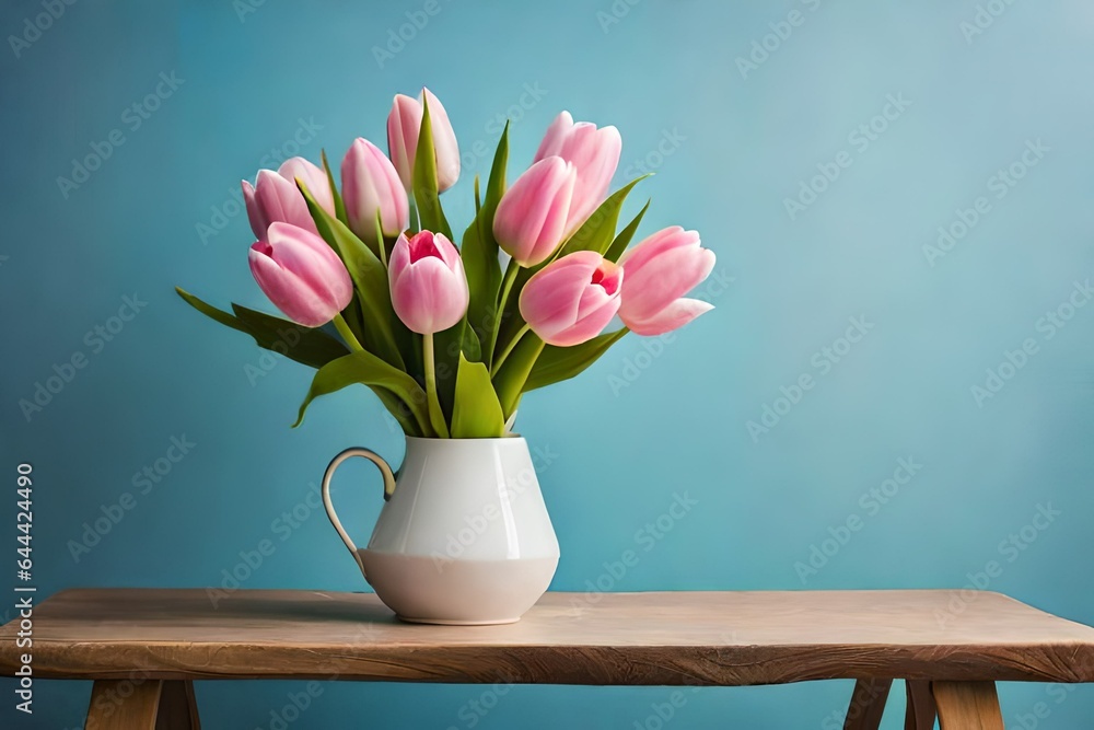 pink tulips in a white vase with blue background