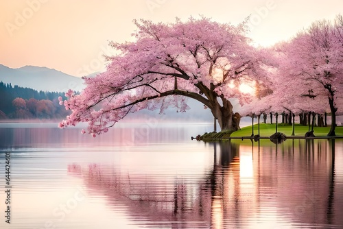 cherry blossom over lake