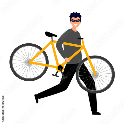 Man with mask stealing bicycle in flat design. Thief holding bike, running away, committing crime. Bike theft, law break, criminal concept. © Orapun