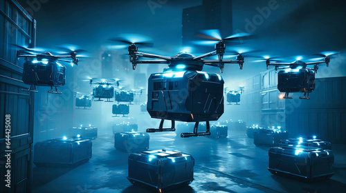 Cargo drones flying over a warehouse