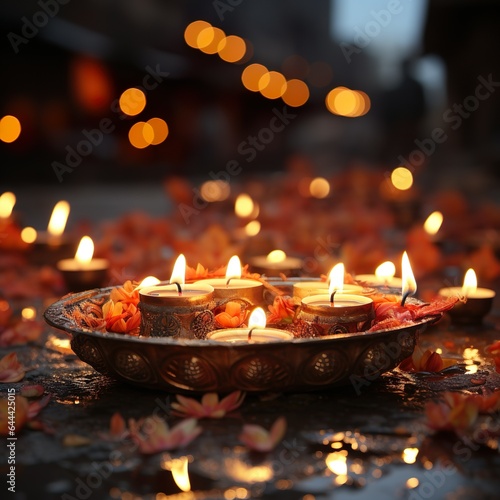 Happy Diwali Hindu festival colorful traditional oil Diya lamps lit during Deepavali Hindu festival of lights celebration