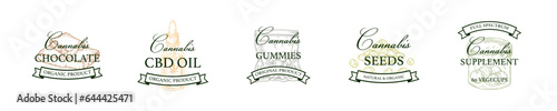 Set of cannabis store and products vintage logo template with hand drawn elements. Vector illustration in sketch style. Design for branding and product packaging