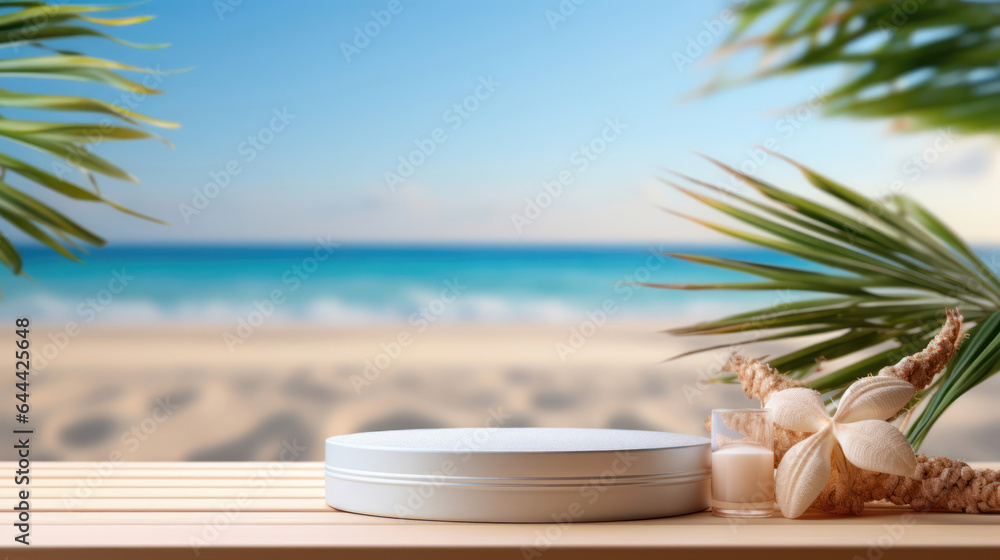 Product Display On A Blue Podium In A Summer Beach Themed 3d Render Background