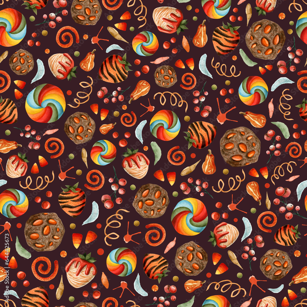 Fototapeta premium Halloween candies, sweets and treats watercolor seamless pattern with hand drawn cookies, chocolate strawberries, corn caramels, spiral candy on dark brown background in orange red colors
