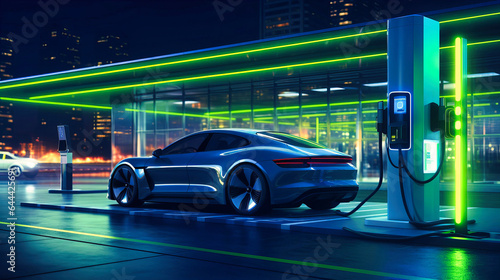 Sleek autonomous electric car charging at a futuristic station