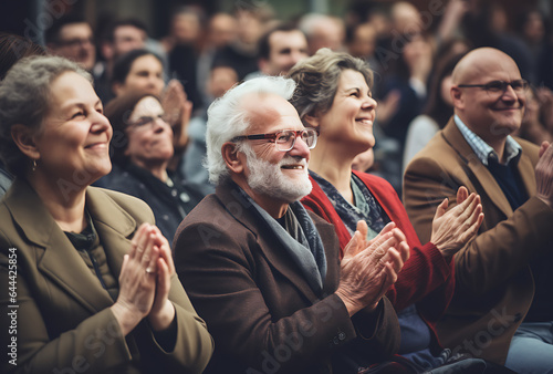 Cheerful senior man in eyeglasses is applauding while sitting at the conference hall
