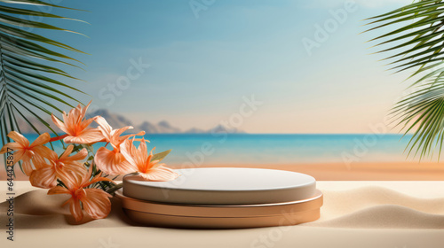 Product Display On A Blue Podium In A Summer Beach Themed 3d Render Background © KhWutthiphong