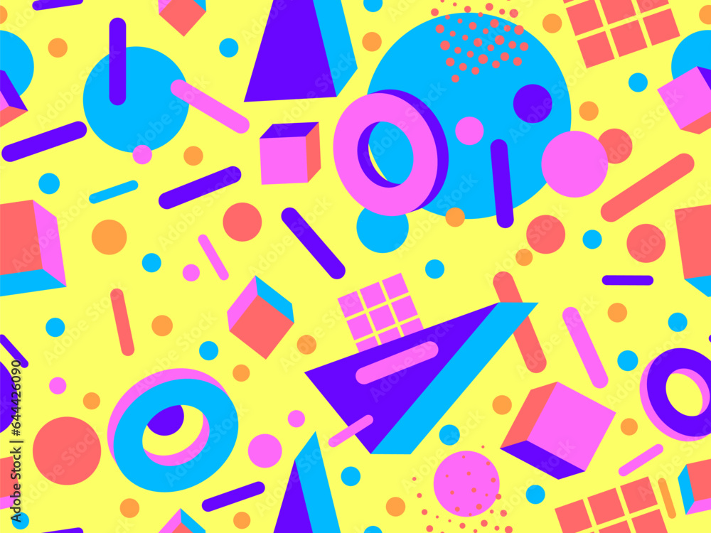 3d geometric seamless pattern in style of the 80s. 3d isometric triangles, squares and circles. Background for promotional products, wrapping paper and printing. Vector illustration 3d geometric seamless pattern in style of the 80s. 3d isometric triangles, squares and circles. Background for promotional products, wrapping paper and printing. Vector illustration