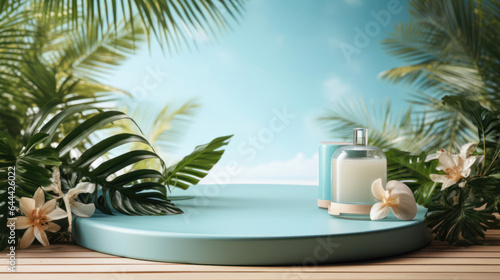 Product Display On A Blue Podium In A Summer Beach Themed 3d Render Background