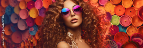 crazy psychedelic woman with curly hair and glasses