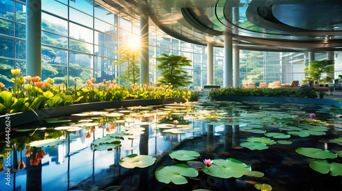 Tranquil water pond with lotus flowers in a corporate atrium