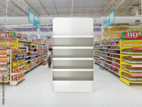 Super market end cap shelf display 3d illustration. Header, Footer and shelf strip.