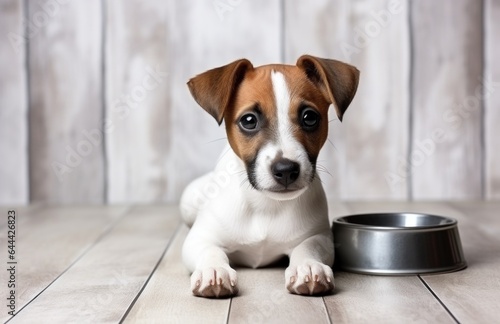 Cute dog eats the food from his plate on the floor, home pet feeding concept