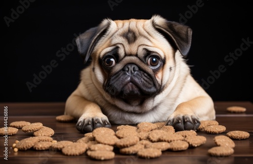 Cute dog with food in front of him, domestic pet feeding concept © lublubachka