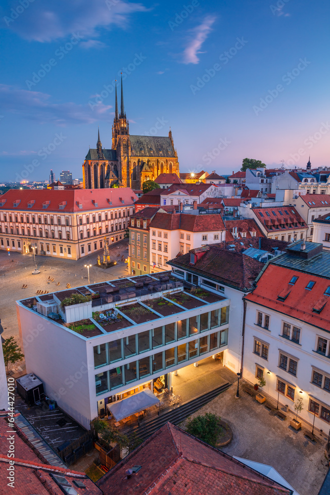 Brno, Czech Republic. Aerial cityscape image of Brno, second largest city in Czech Republic with the Cathedral of St. Peter and Paul at summer sunset.