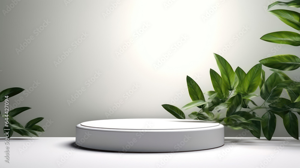 Realistic 3D render empty white marble stone tray with green leafs plants under sunlight for natural beauty, cosmetic, skincare products display templates, leaves shadow on blank wall in background. Realistic 3D render empty white marble stone tray with green leafs plants under sunlight for natural beauty, cosmetic, skincare products display templates, leaves shadow on blank wall in background.