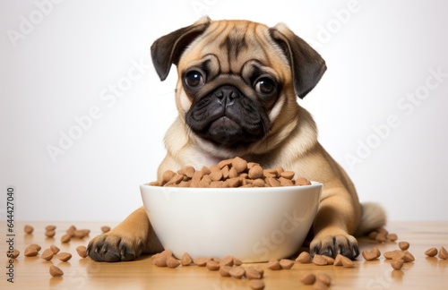 Cute dog with food on his plate, domestic pet feeding concept © lublubachka