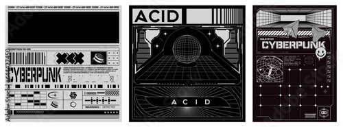 Retro futuristic posters with 3D wireframes of spheres and torus. Abstract future poster. Cyberpunk and retrofuturism. Vector set