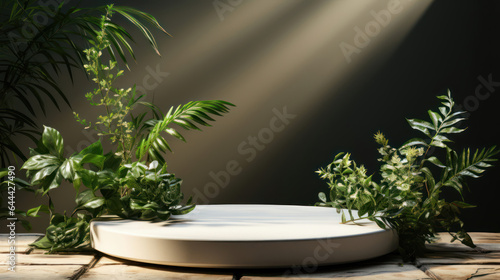 Realistic 3D render empty white marble stone tray with green leafs plants under sunlight for natural beauty, cosmetic, skincare products display templates, leaves shadow on blank wall in background.