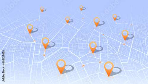 Multiple destinations, points Vector, iIsometric modern abstract map, perspective GPS navigator screen with street road, location. City top view. Colorful pines, geometric element, Online navigation.