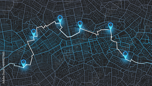 GPS navigator screen with street roads and location, few destination points. City top view. Online navigation. Flat style, Vector, illustration isolated. Urban highway plan, final destination