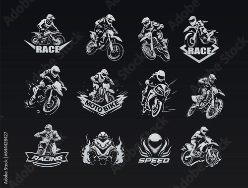 Bold and modern motorcycle icon set in a dynamic edgy style. Power and adrenaline black and white icons for motocross enthusiasts. Versatile minimalist silhouette collection of sport motorbike icons.