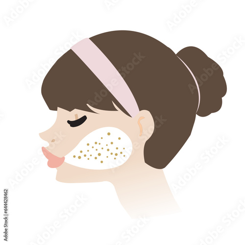 Side view of woman face with oral bacteria vector illustration isolated on white background. The bacteria are growing in her mouth. Oral health concept.