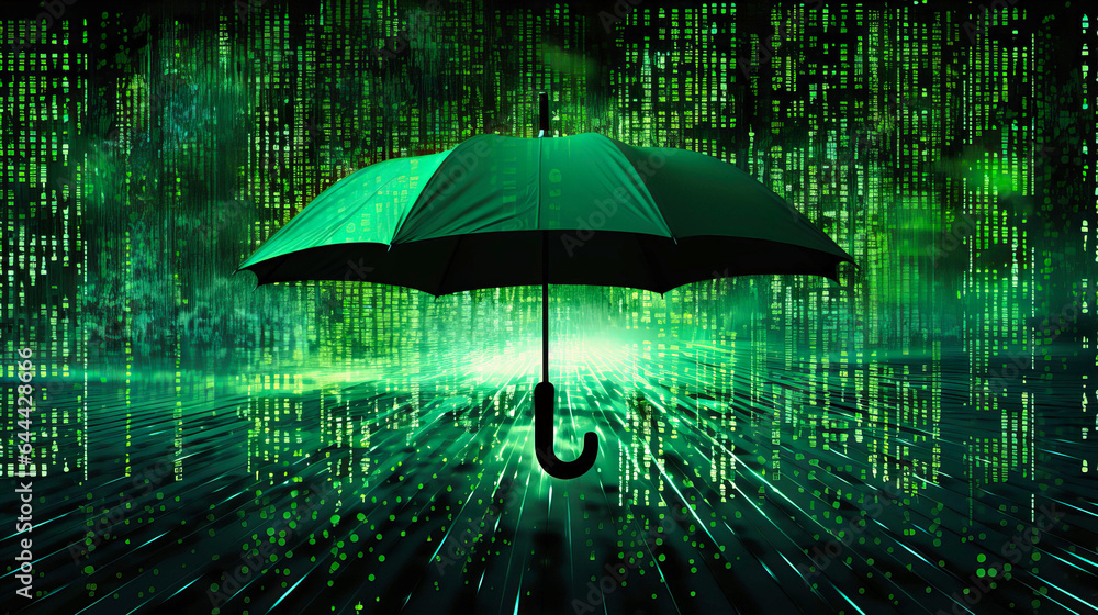 Storm of binary rain safeguarded by a cybersecurity umbrella,
