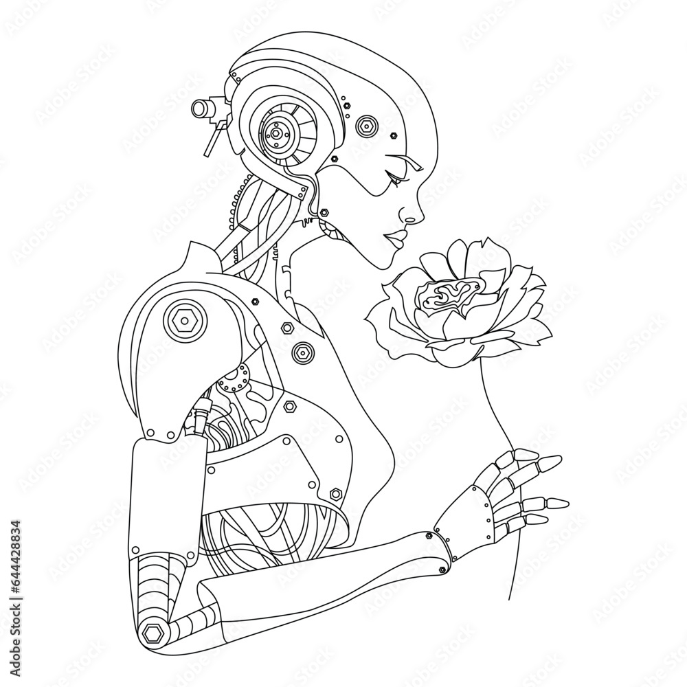 Woman cyborg or robot with AI holding a live flower in her hand and smelling it.Robotic lady with Beautiful face Line art drawing. AI technology concept. Future technology vector outline illustration