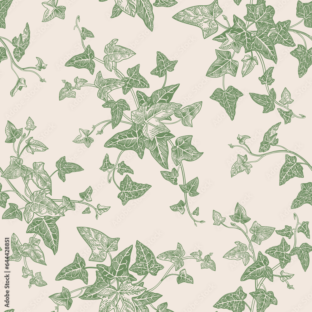 Floral seamless pattern with ivy branches. Classic background with plants. Vector plant illustration. Green. Engraving style