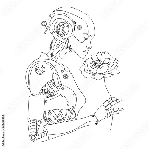 Woman cyborg or robot with AI holding a live flower in her hand and smelling it.Robotic lady with Beautiful face Line art drawing. AI technology concept. Future technology vector outline illustration