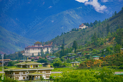 Paro Rinpung Dzong and Ta Dzong with Paro International Airport in the foreground photo