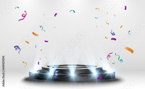 Pedestal for awarding or performance. Falling confetti on the podium.
