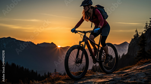 Generative ai illustration of Young woman riding a mountainbike © pbombaert