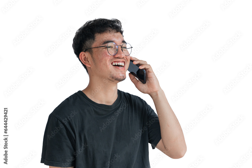 A young man in a black t-shirt is talking on the phone isolated on a white background with a happy expression. communication concept. Clipping Path A young man in a black t-shirt is talking on the phone isolated on a white background with a happy expression. communication concept. Clipping Path