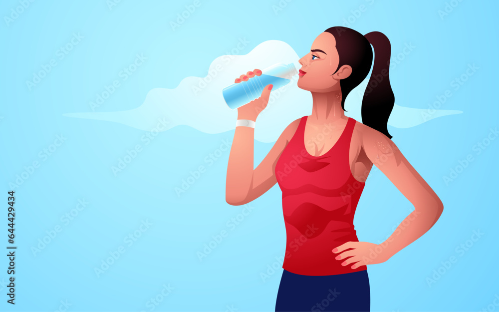 Illustration of an attractive young woman drinking water after a workout. Refresh and rejuvenate, fitness, wellness, self-care, healthy habits, active lifestyle, and the importance of staying hydrated Illustration of an attractive young woman drinking water after a workout. Refresh and rejuvenate, fitness, wellness, self-care, healthy habits, active lifestyle, and the importance of staying hydrated