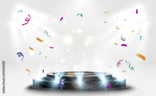 Pedestal for awarding or performance. Falling confetti on the podium.
