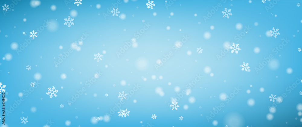 Snow blue background. Christmas snowy winter design. White falling snowflakes. snowfall texture decoration. Vector illustration