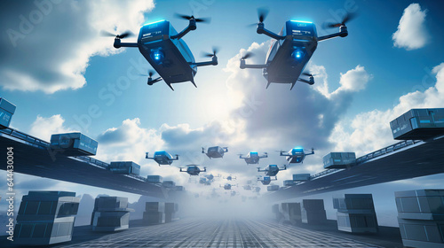 Ultramodern drone fleet lifting off from a distribution center,